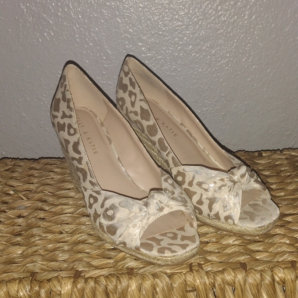 Kelly & Katie Ivala, gold and cream Leopard Print Wedge Open Toe 9
